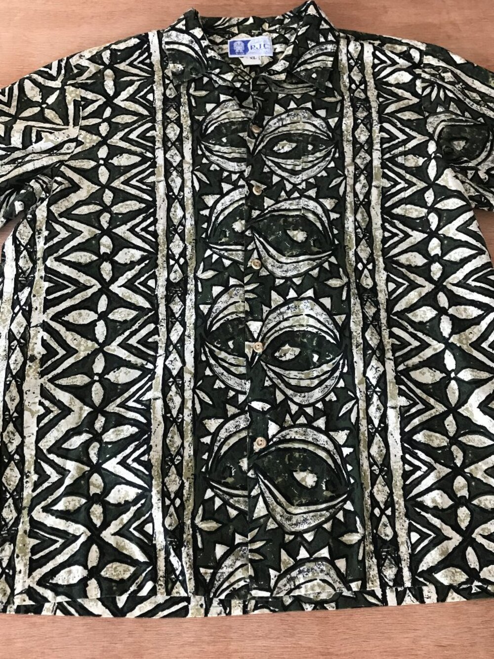 RJC Hawaiian Shirt Men XL Brown Geometric Tribal Button Up Pocket Short Sleeve